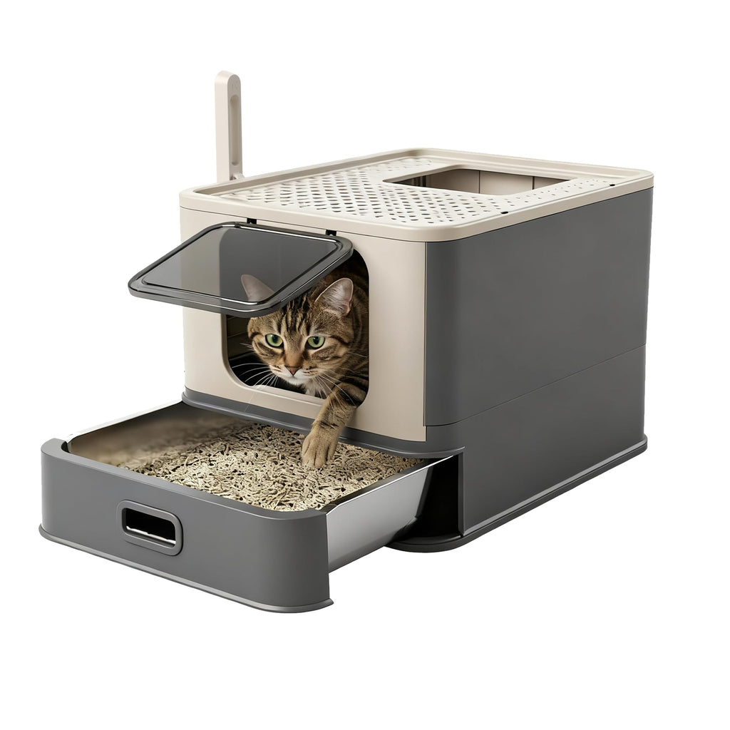 XL Enclosed Stainless Steel Cat Litter Box with Pull-Out Drawer O363010