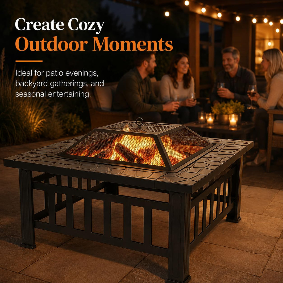 32 Inch Square Metal Wood Burning Fire Pit with Spark Screen and Poker V349