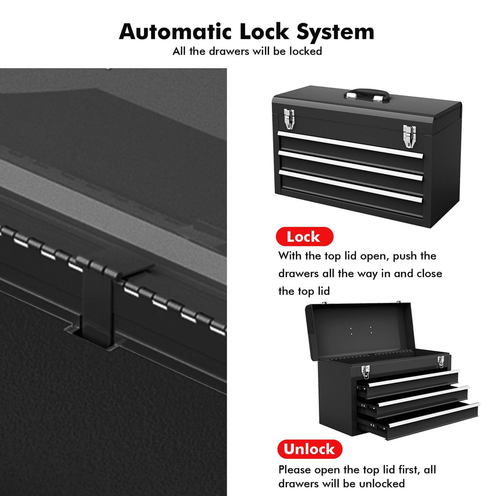 Portable Metal 3 Drawer Lockable Tool Box V342