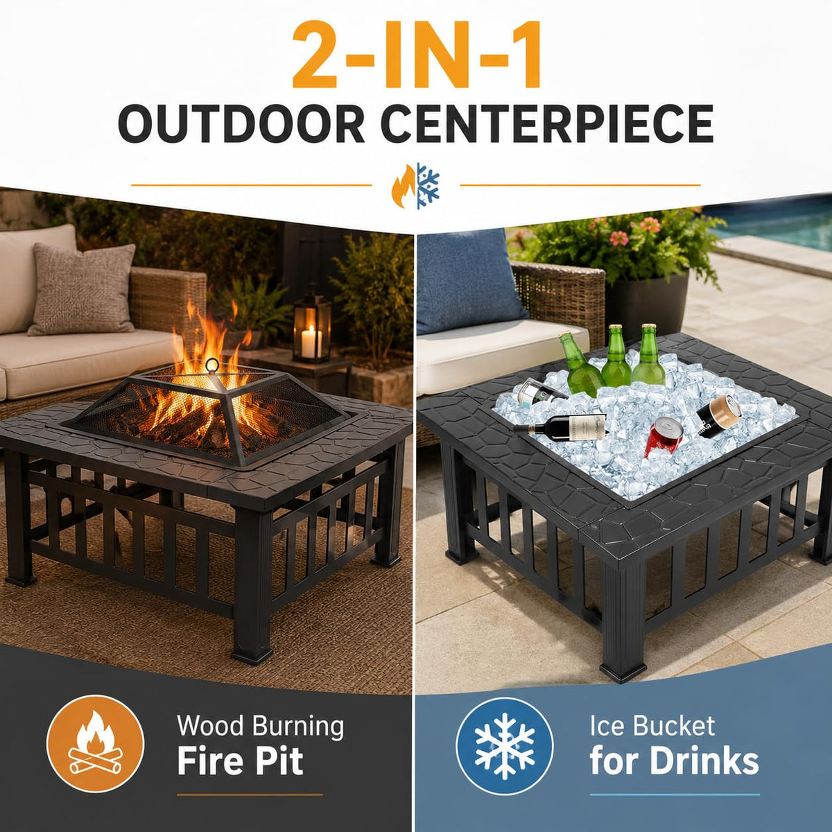 32 Inch Square Metal Wood Burning Fire Pit with Spark Screen and Poker V349
