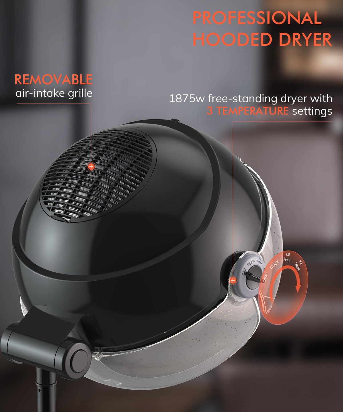 1875W Ionic Hooded Hair Dryer with 3 Temperature Settings R8931