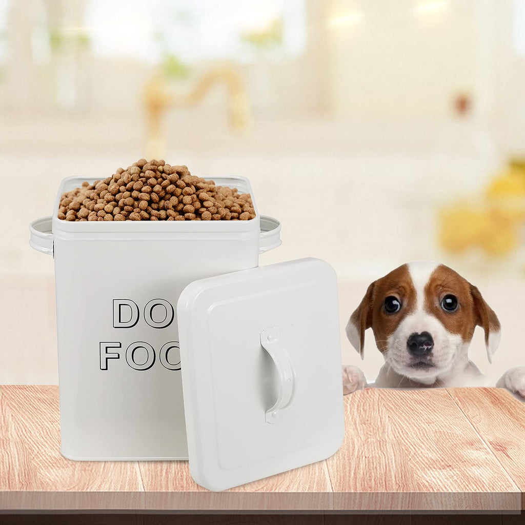 Airtight Dog Treat Container and Food Storage Tin with Lid, Handle, Scoop, 4-5 lbs Capacity, White N441