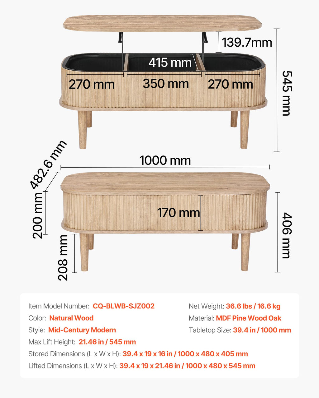 Natural Lift Top Coffee Table with Storage W7753