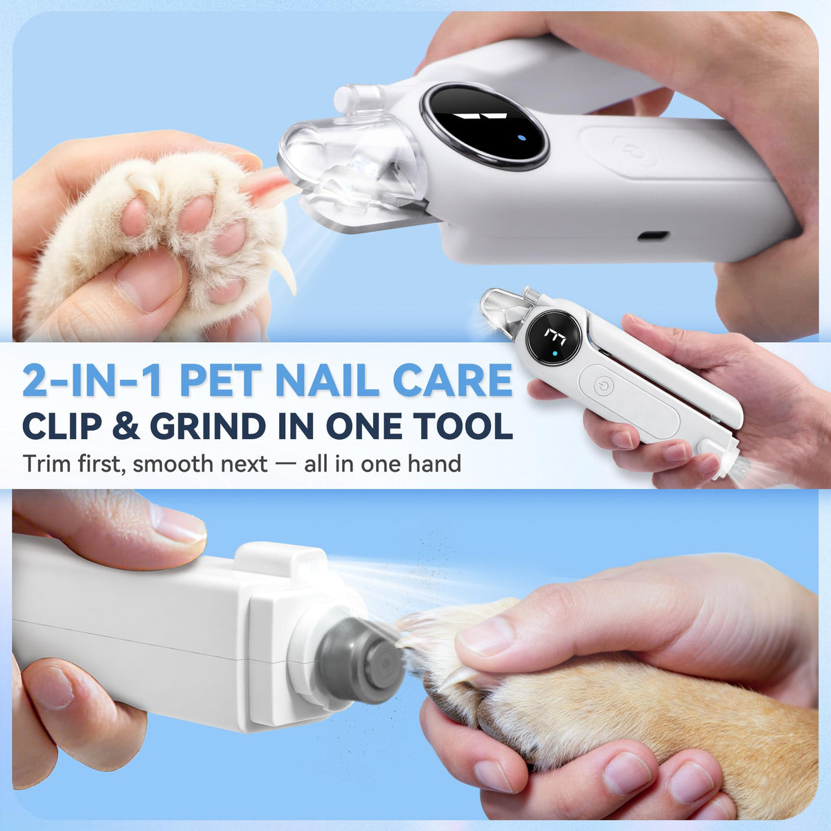 2-in-1 Quiet Electric Pet Nail Clipper & Grinder with Light T911464