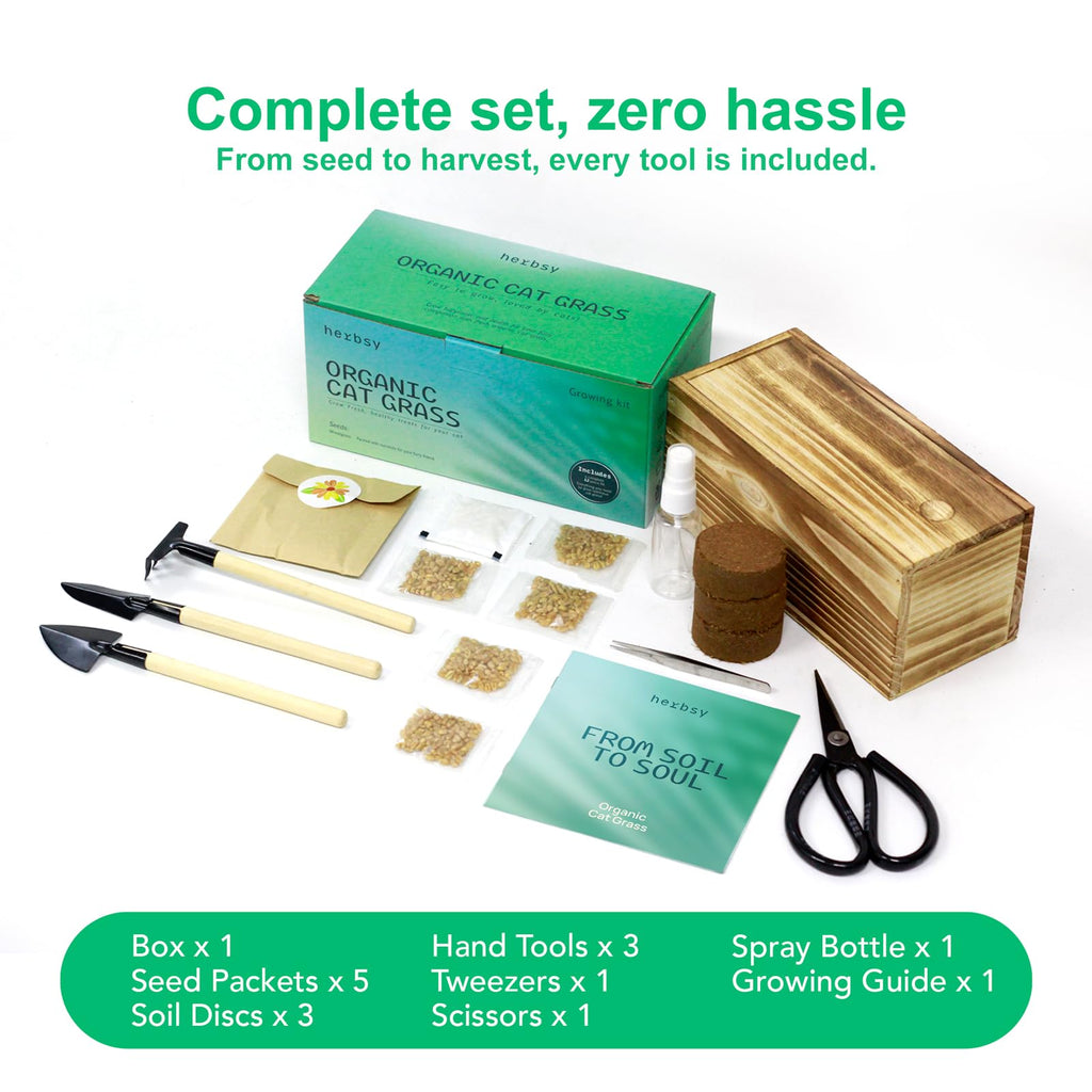 Non-GMO Wheatgrass Cat Grass Kit with Wood Planter Soil & Tools 17-Piece Set O33677