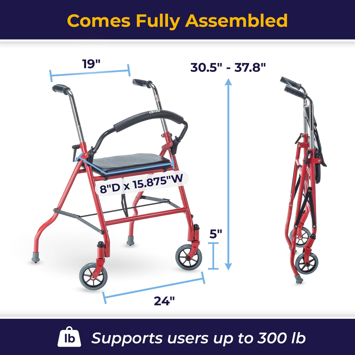 Foldable Rollator Walker with Seat, Red, 1 Count U111