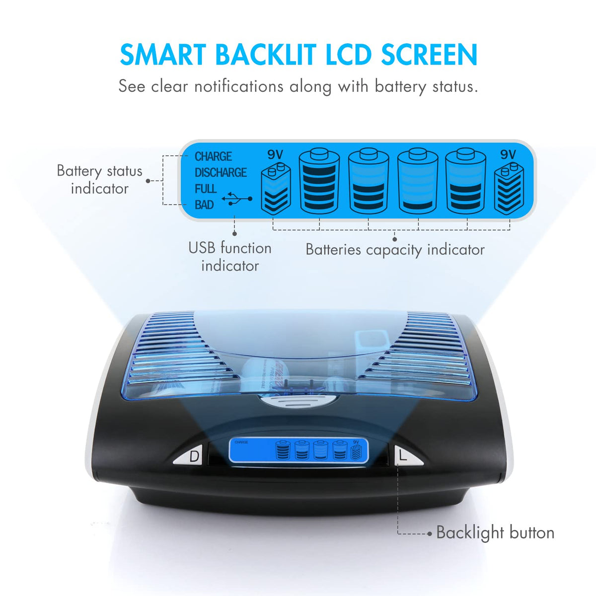 Rechargeable NiCd D Batteries and LCD Smart Charger W214