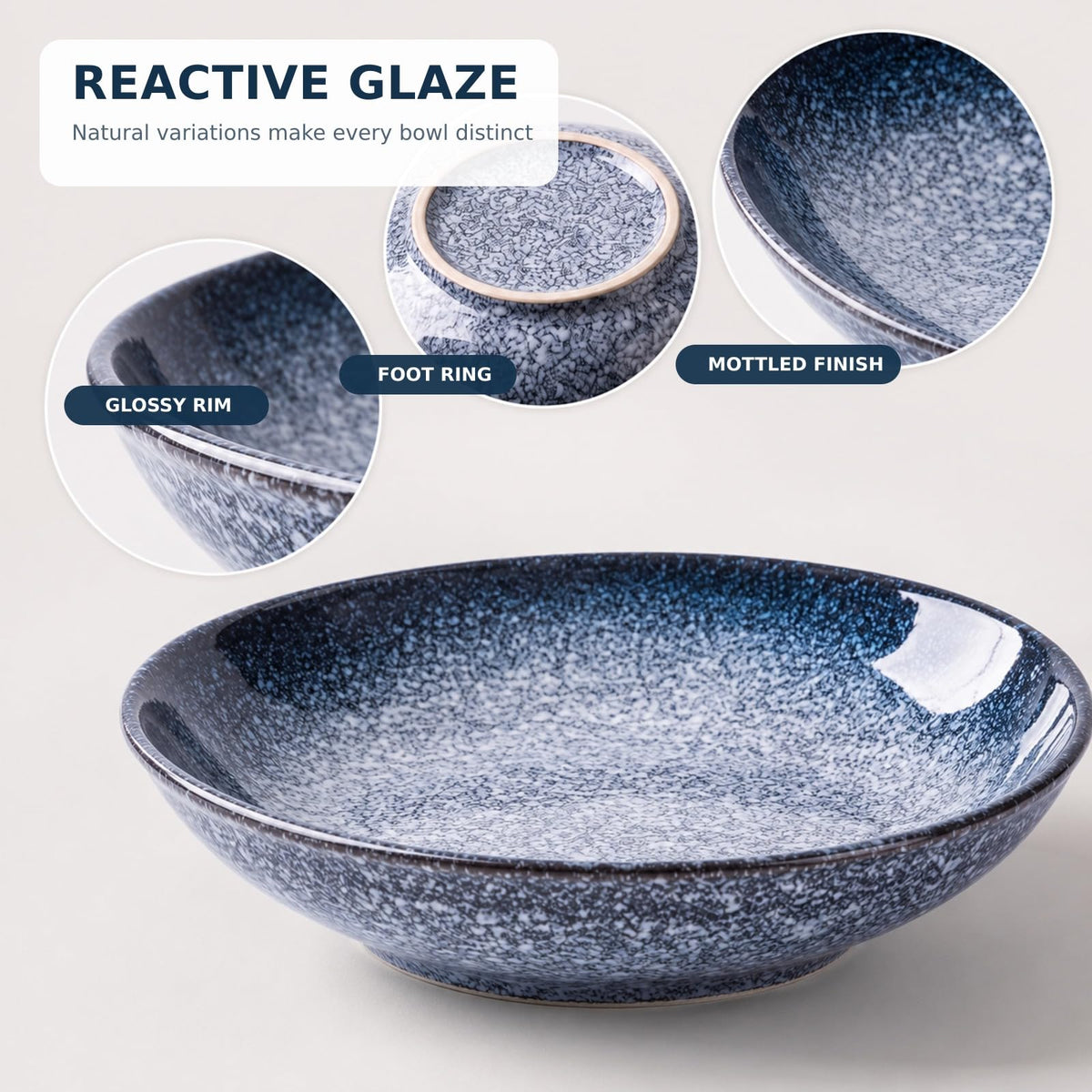 8-Inch Ceramic Pasta Bowls, Set of 4, Blue Glaze F8609