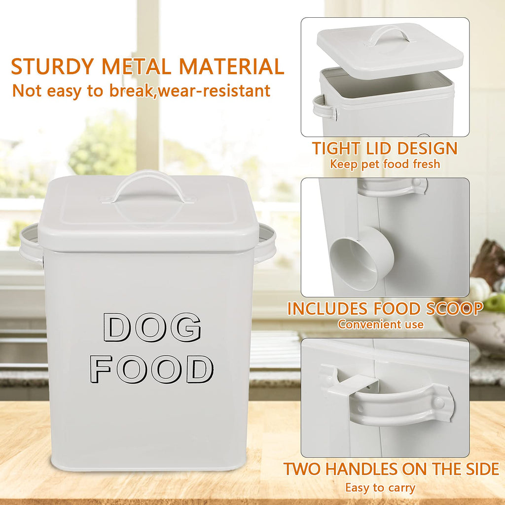 Airtight Dog Treat Container and Food Storage Tin with Lid, Handle, Scoop, 4-5 lbs Capacity, White N441