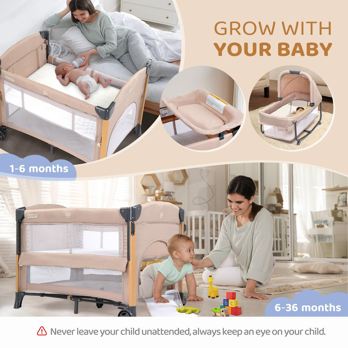 7 in 1 Bedside Bassinet with Changing Table, Storage Shelf, Mattress W87603