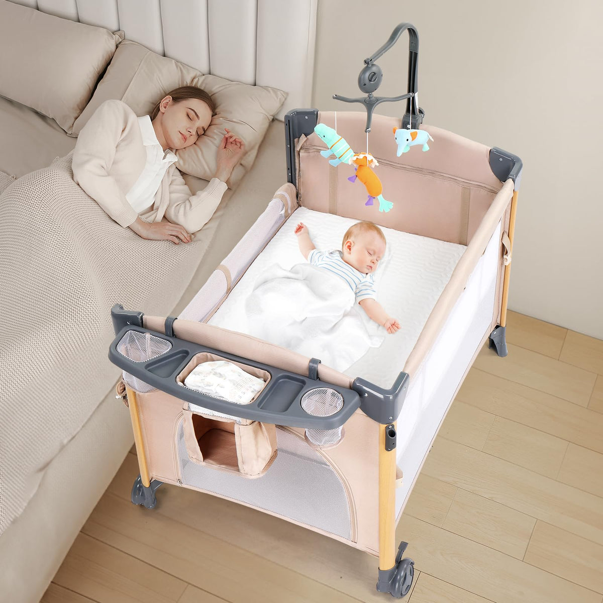 7 in 1 Bedside Bassinet with Changing Table, Storage Shelf, Mattress W87603