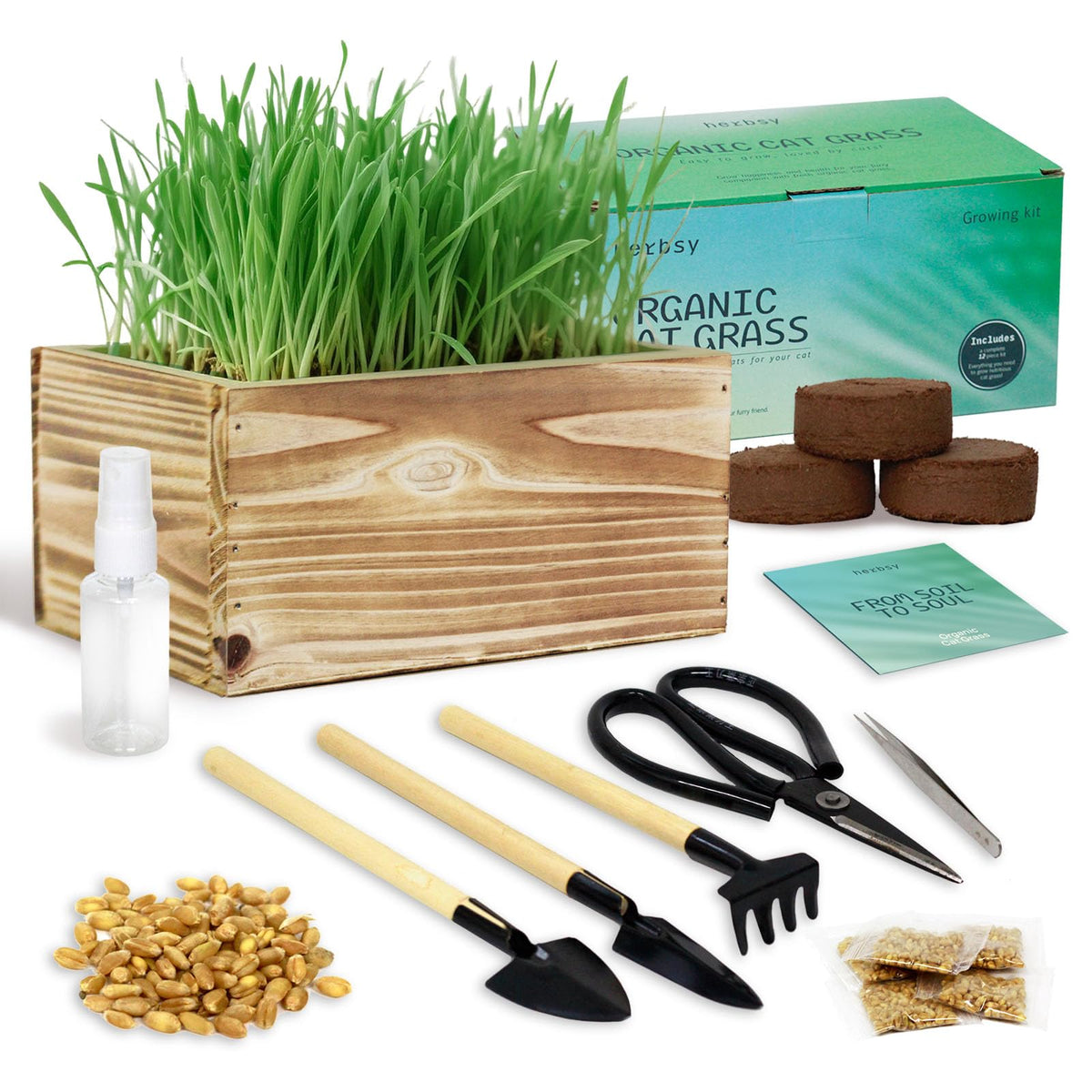 Non-GMO Wheatgrass Cat Grass Kit with Wood Planter Soil & Tools 17-Piece Set O33677