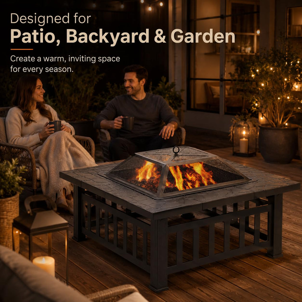 32 Inch Square Metal Wood Burning Fire Pit with Spark Screen and Poker V349