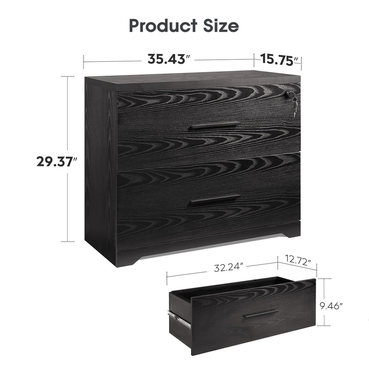 Black 2 Drawer Lateral File Cabinet with Lock W2843