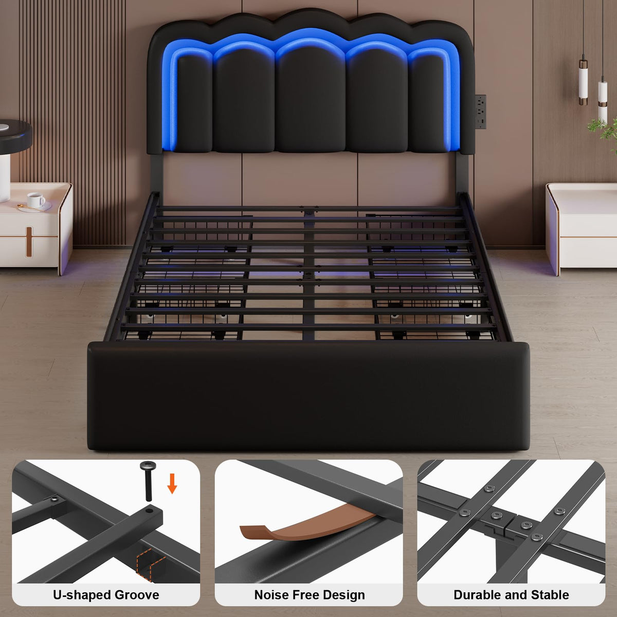 Full Size Bed Frame with LED Lights and Storage Drawers, Black P40449