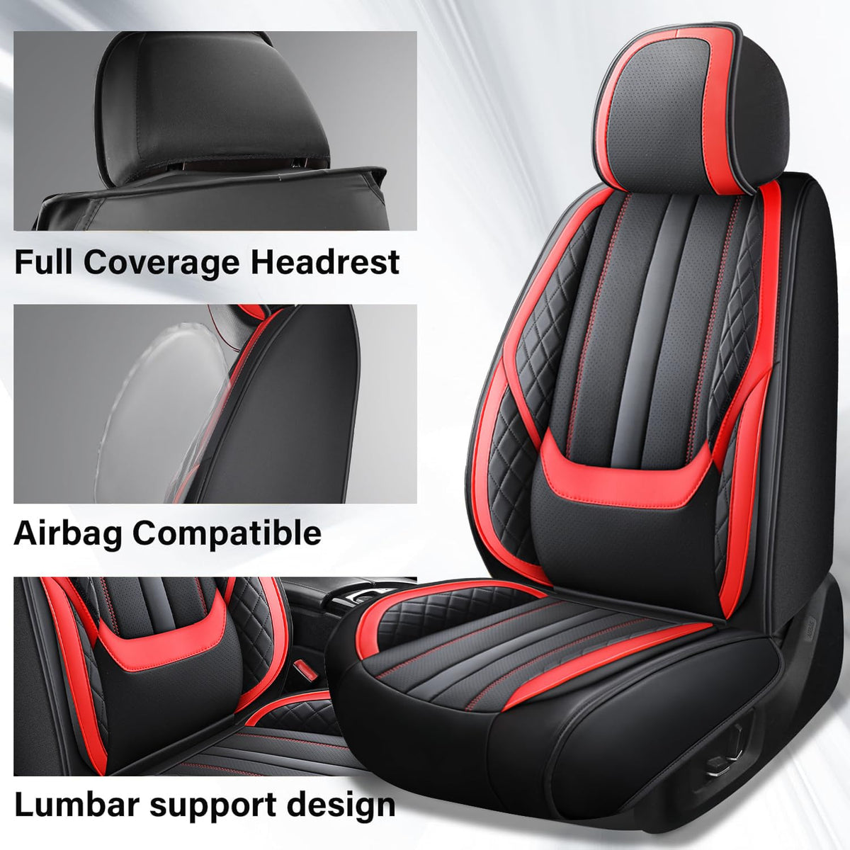 Nappa Leather Car Seat Covers Full Set 5-Seats Black Red C218296