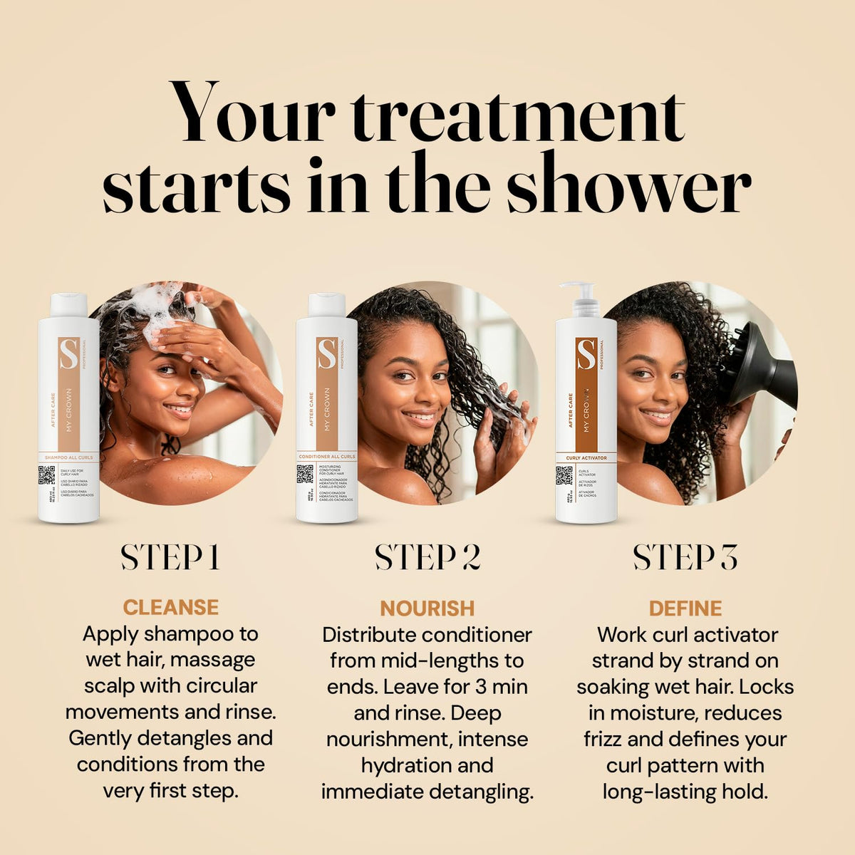 Curly Hair Shampoo Conditioner & Curl Cream Kit, 3x16.9oz E144134