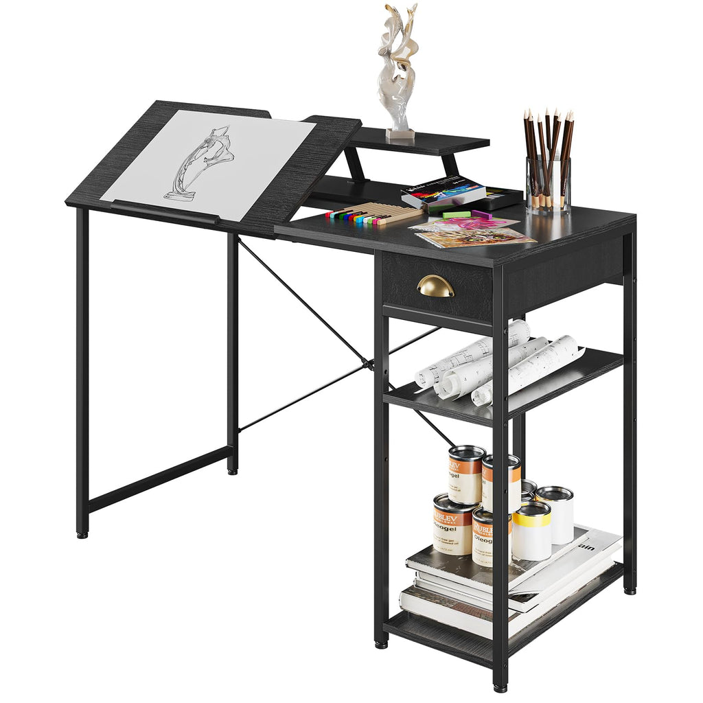 Black Adjustable Drafting Table with Storage Shelves & Drawer S304077
