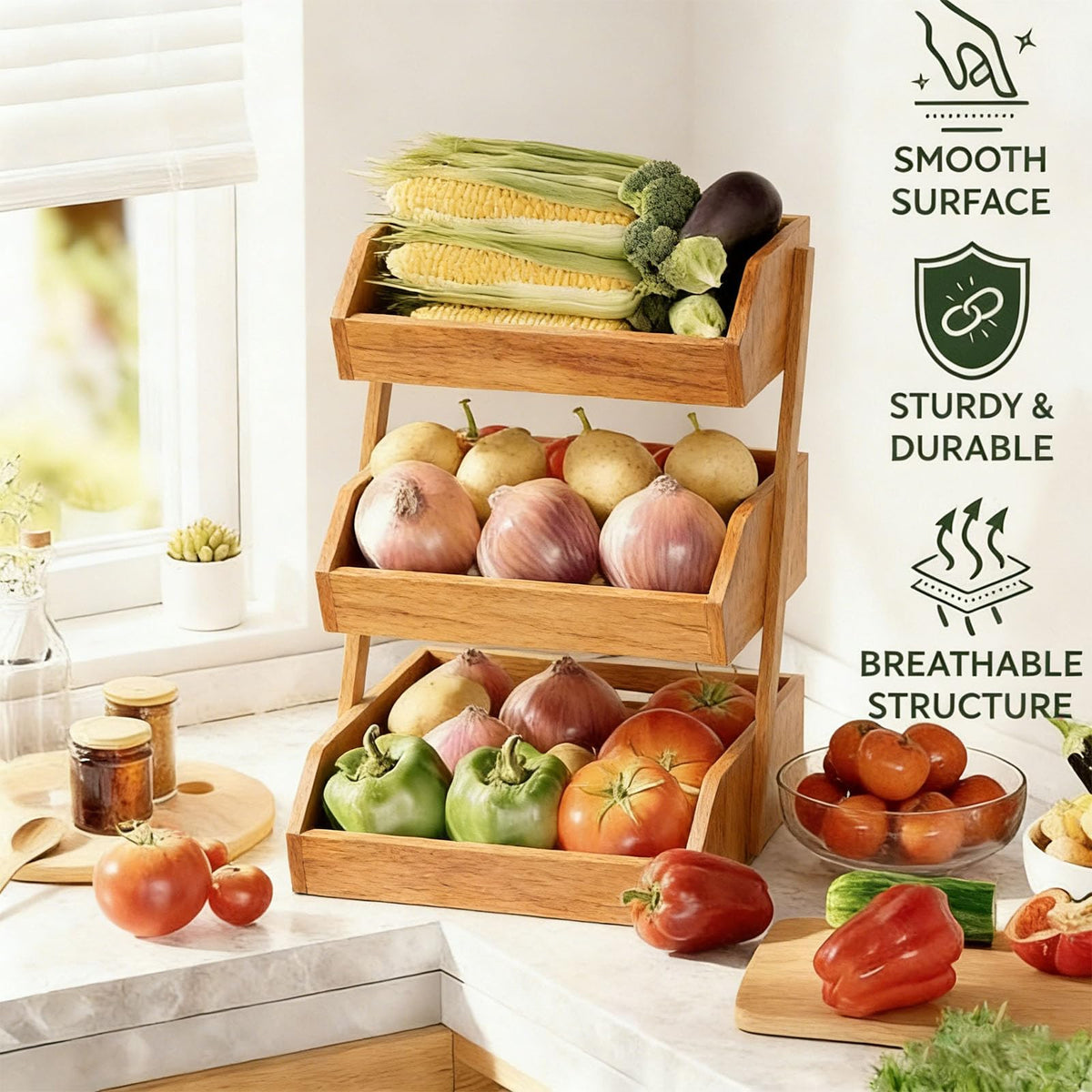 3-Tier Bamboo Fruit & Vegetable Basket Organizer P58546
