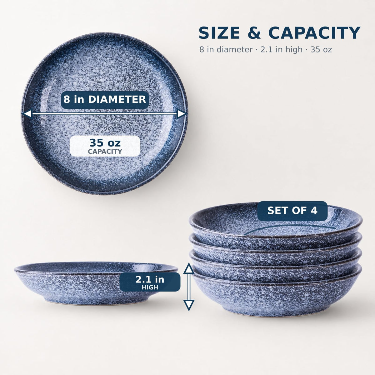 8-Inch Ceramic Pasta Bowls, Set of 4, Blue Glaze F8609