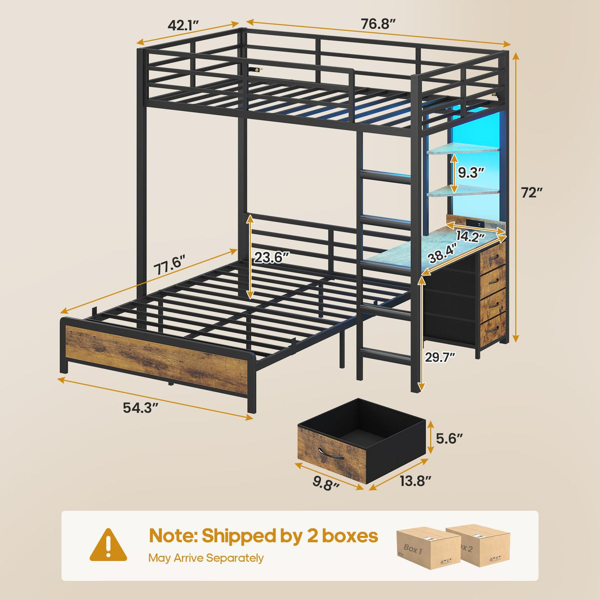 Twin Over Full Bunk Bed with Desk & 4 Storage Drawers, Black F452