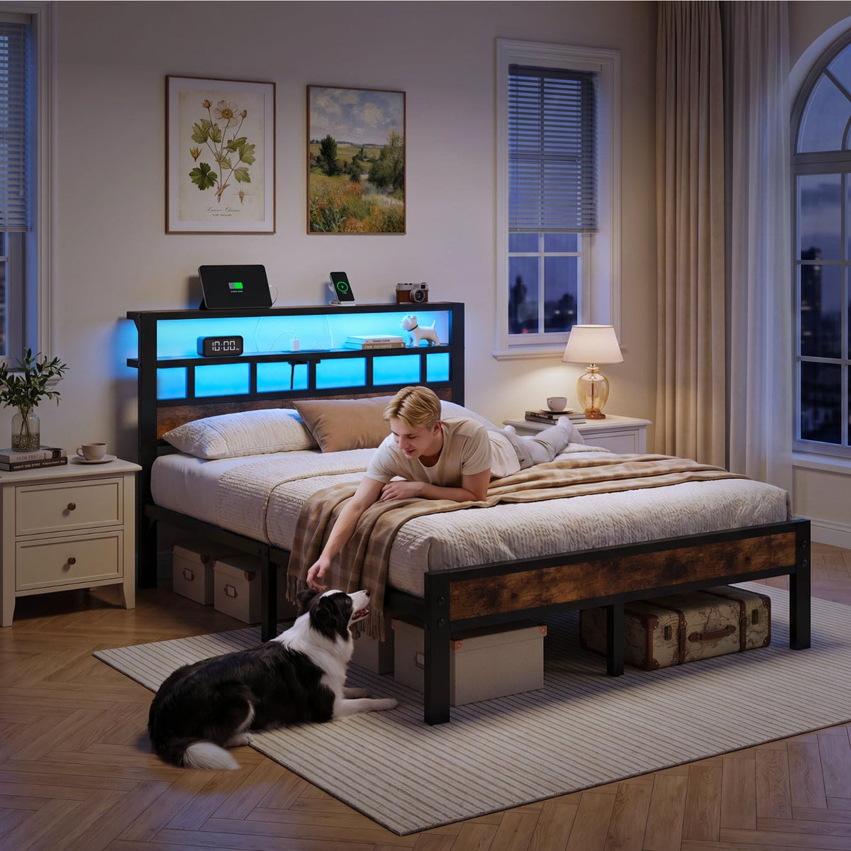 Metal Platform Bed with Charging Station and LED A992
