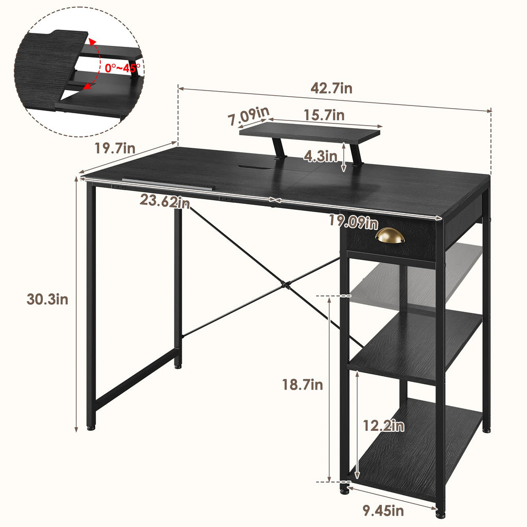 Black Adjustable Drafting Table with Storage Shelves & Drawer S304077