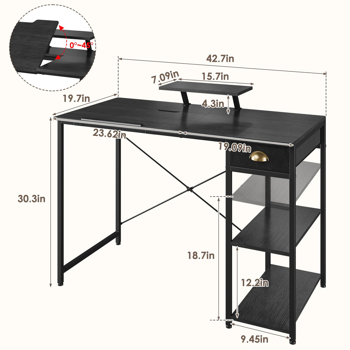 Black Adjustable Drafting Table with Storage Shelves & Drawer S304077