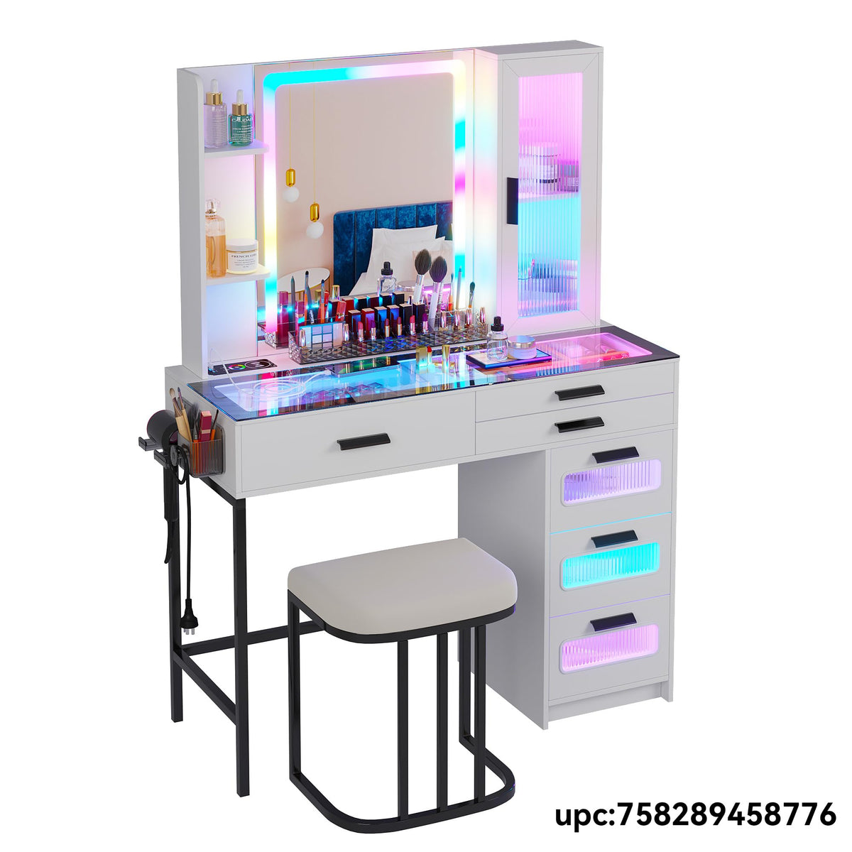White Vanity Desk with Lighted Mirror and 6 Drawers I98261