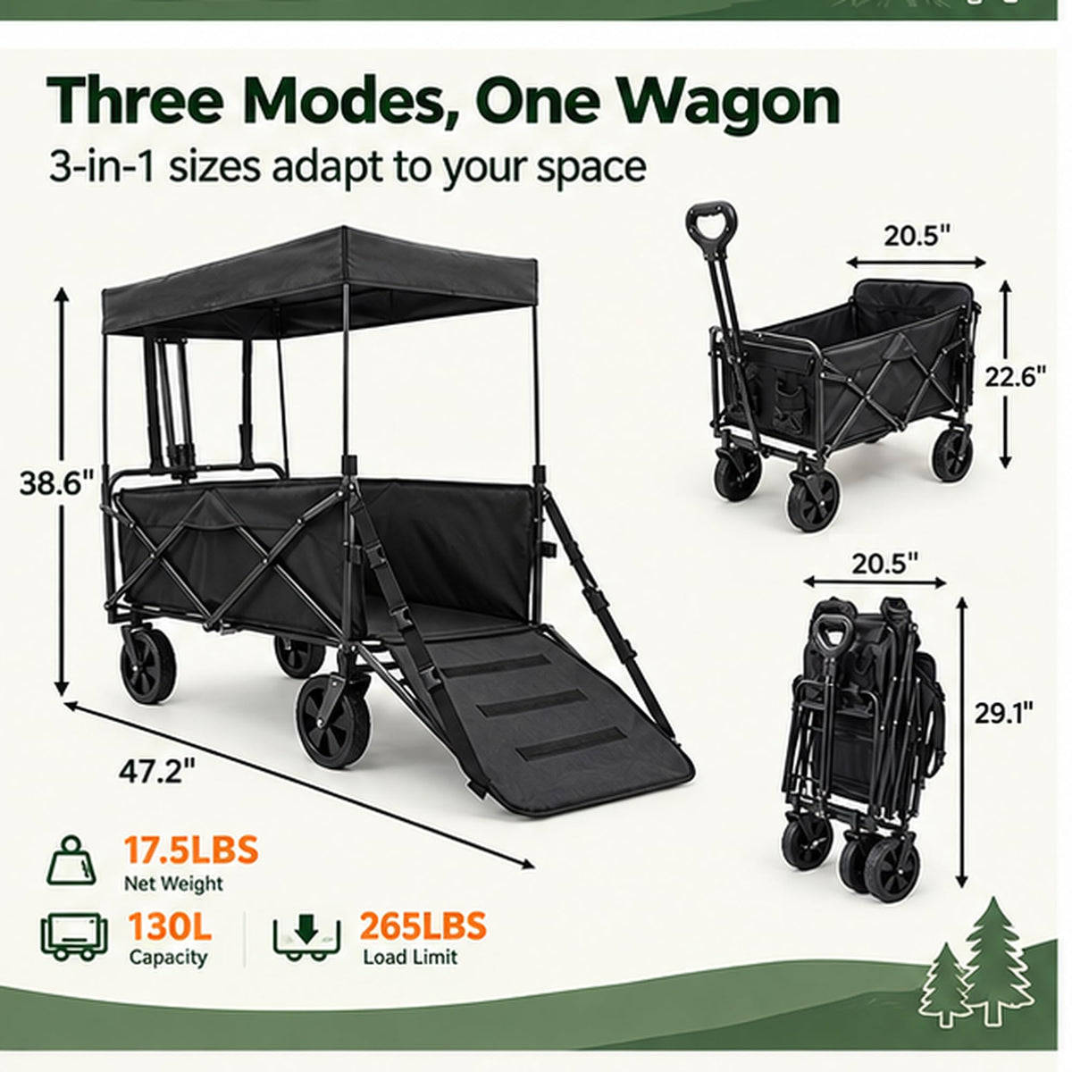 Large Dog Wagon Cart with Canopy, All-Terrain Wheels, Ramp Tailgate E999800