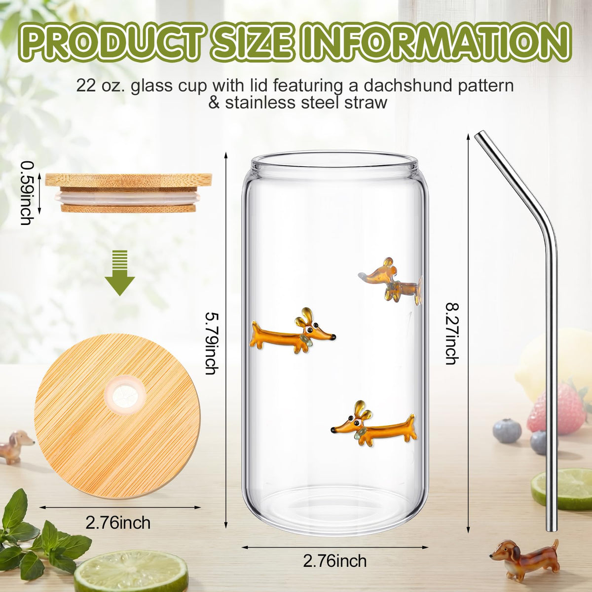 22 oz Dachshund Glass Cup with Lid Straw Y221