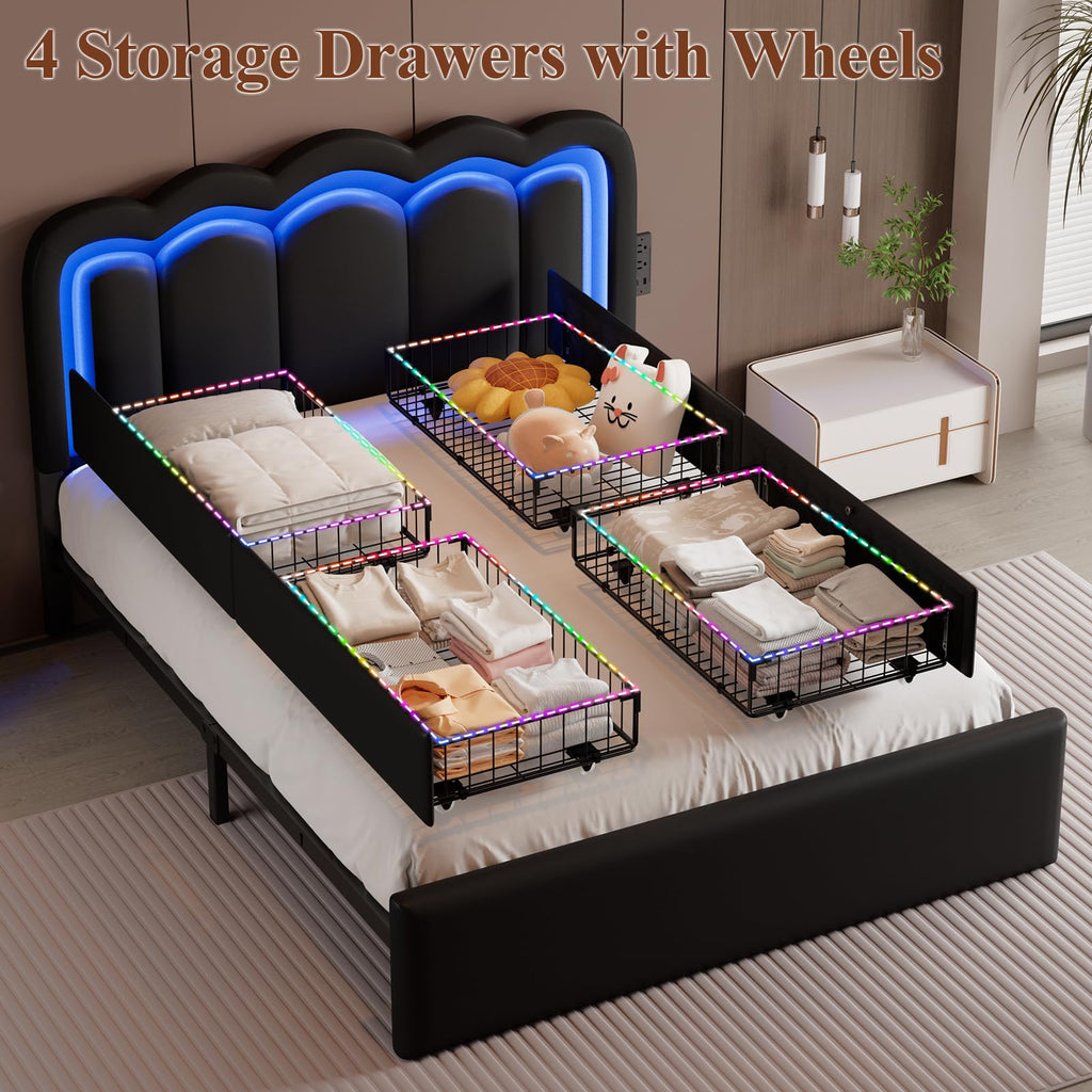 Full Size Bed Frame with LED Lights and Storage Drawers, Black P40449