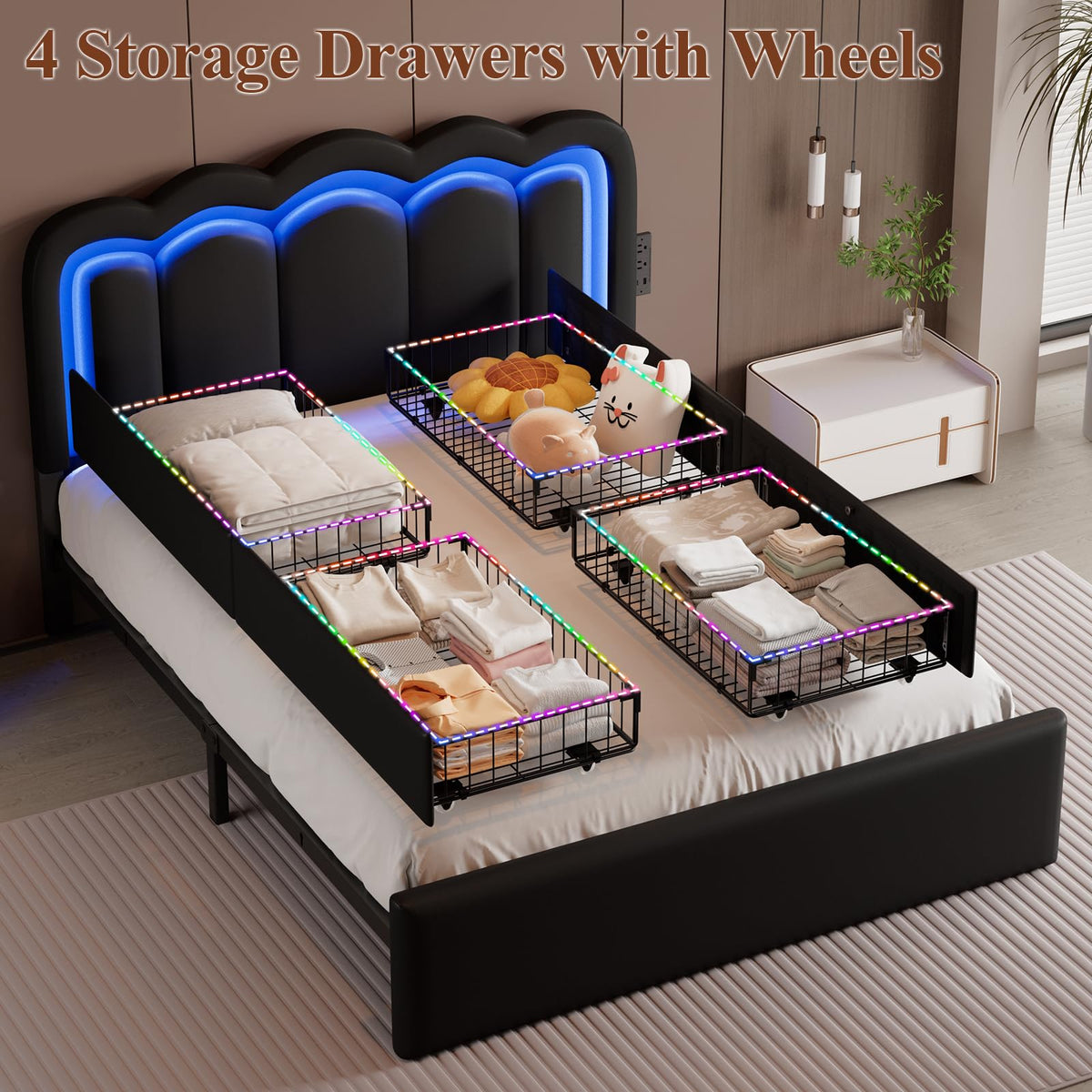 Full Size Bed Frame with LED Lights and Storage Drawers, Black P40449