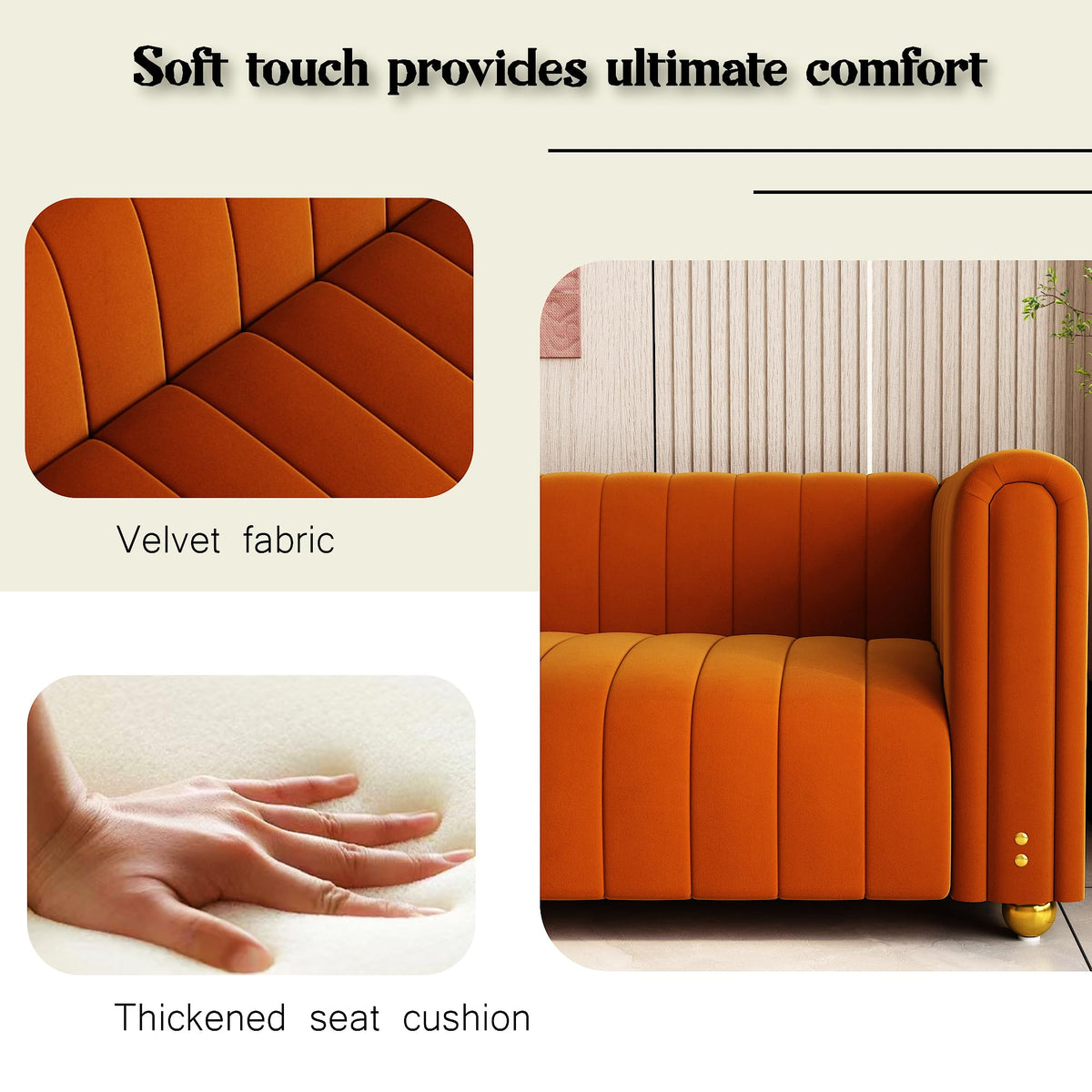 81" Orange Velvet Tufted Sofa 3 Seater with Metal Legs J356