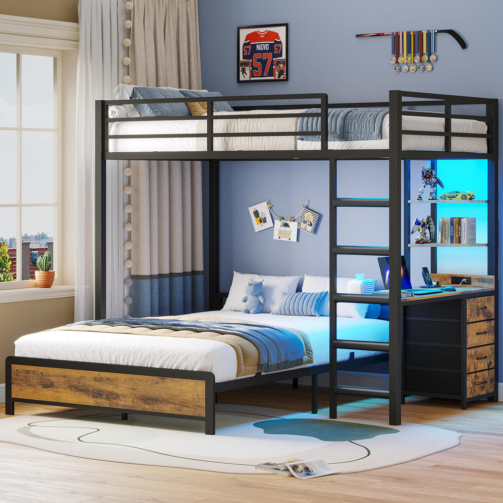 Twin Over Full Bunk Bed with Desk & 4 Storage Drawers, Black F452