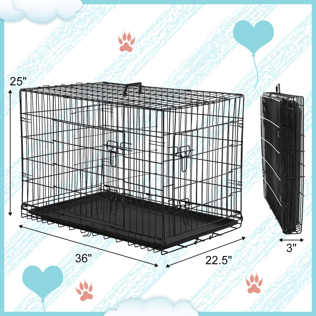 36 Inch Double-Door Metal Dog Crate with Tray and Divider Z201