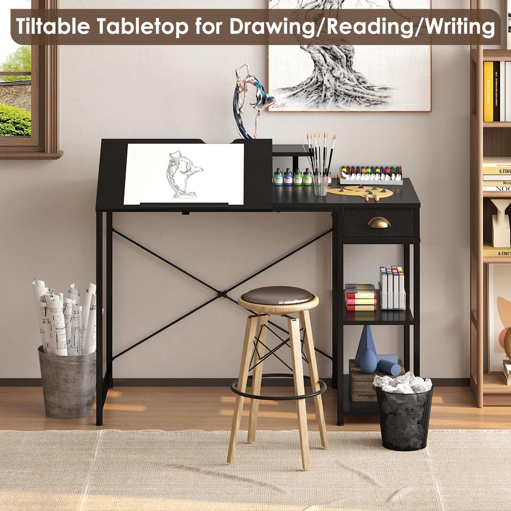 Black Adjustable Drafting Table with Storage Shelves & Drawer S304077