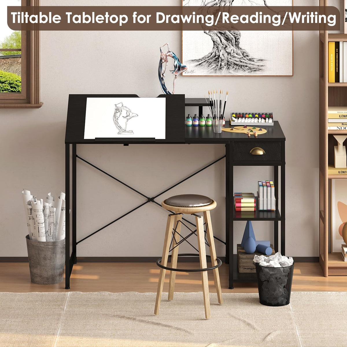 Black Adjustable Drafting Table with Storage Shelves & Drawer S304077