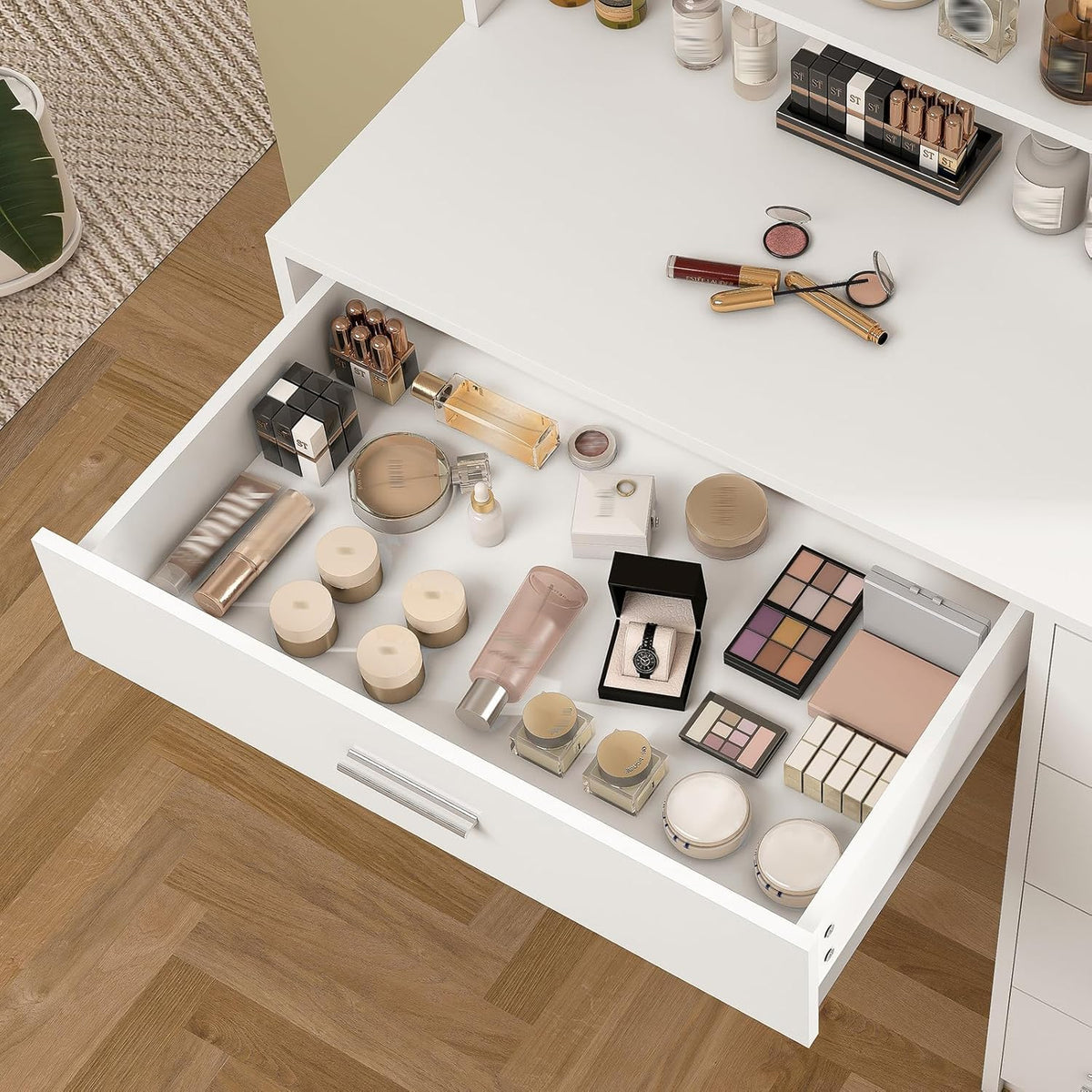 White Vanity Desk with Mirror & Lights, 5 Drawers & Storage Shelves S66053