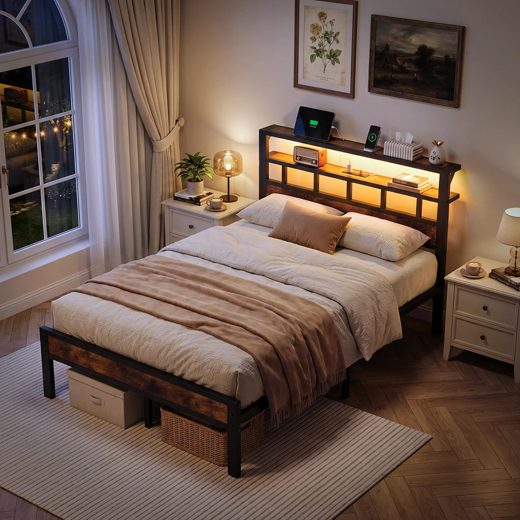 Metal Platform Bed with Charging Station and LED A992