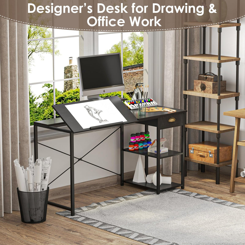 Black Adjustable Drafting Table with Storage Shelves & Drawer S304077