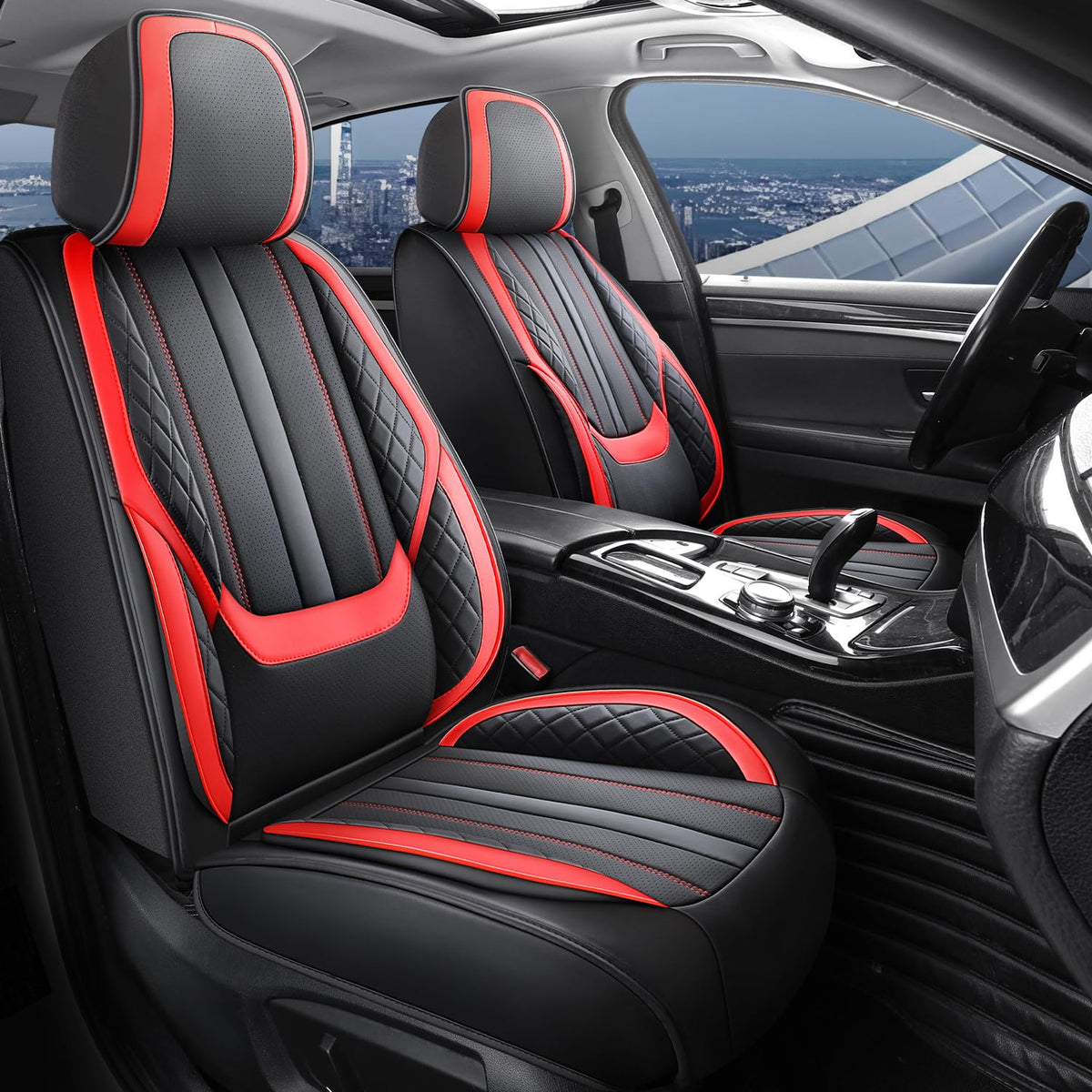 Nappa Leather Car Seat Covers Full Set 5-Seats Black Red C218296