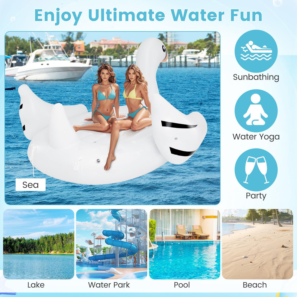 Giant Inflatable Swan Pool Float with 4 Cup Holders Q98569