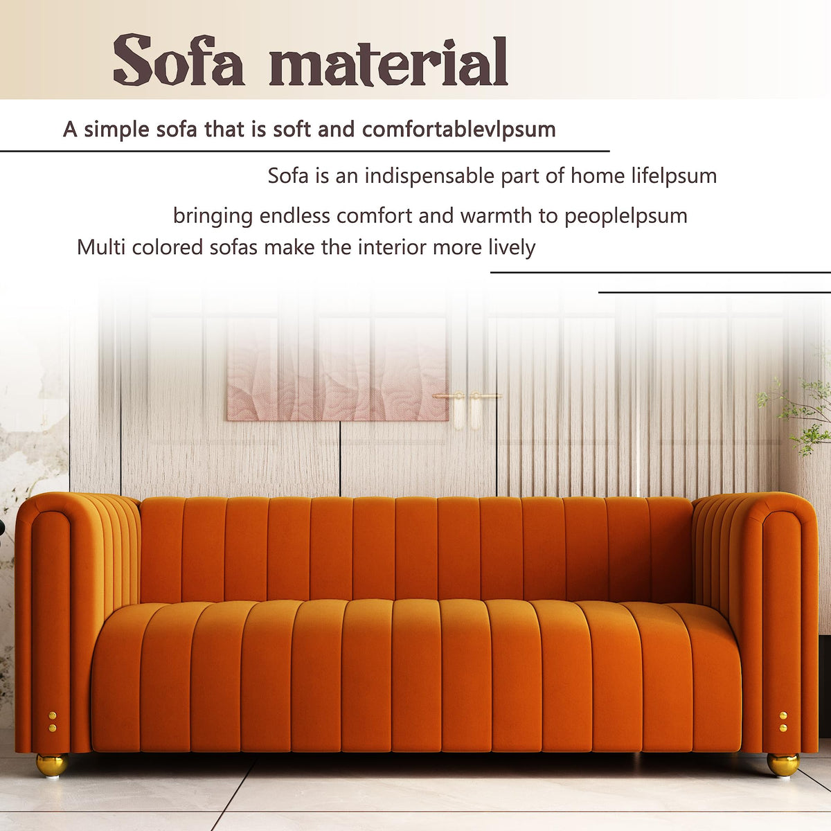 81" Orange Velvet Tufted Sofa 3 Seater with Metal Legs J356
