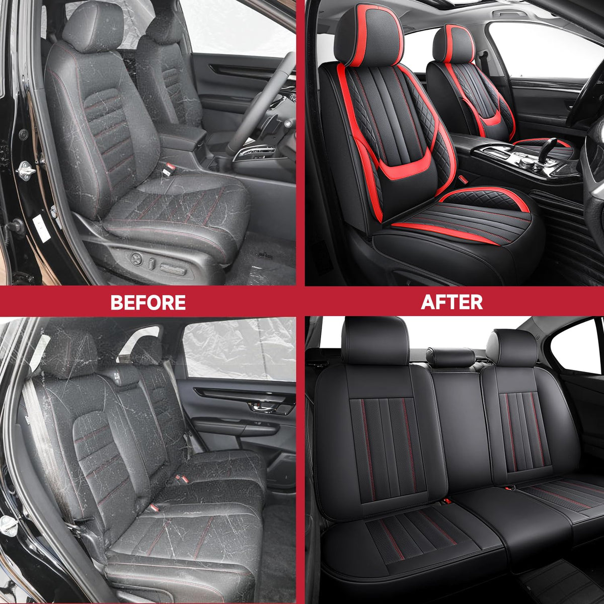 Nappa Leather Car Seat Covers Full Set 5-Seats Black Red C218296