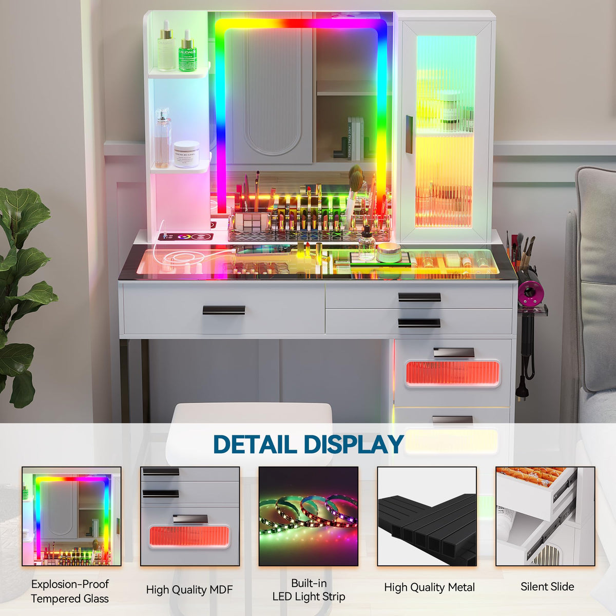 White Vanity Desk with Lighted Mirror and 6 Drawers I98261