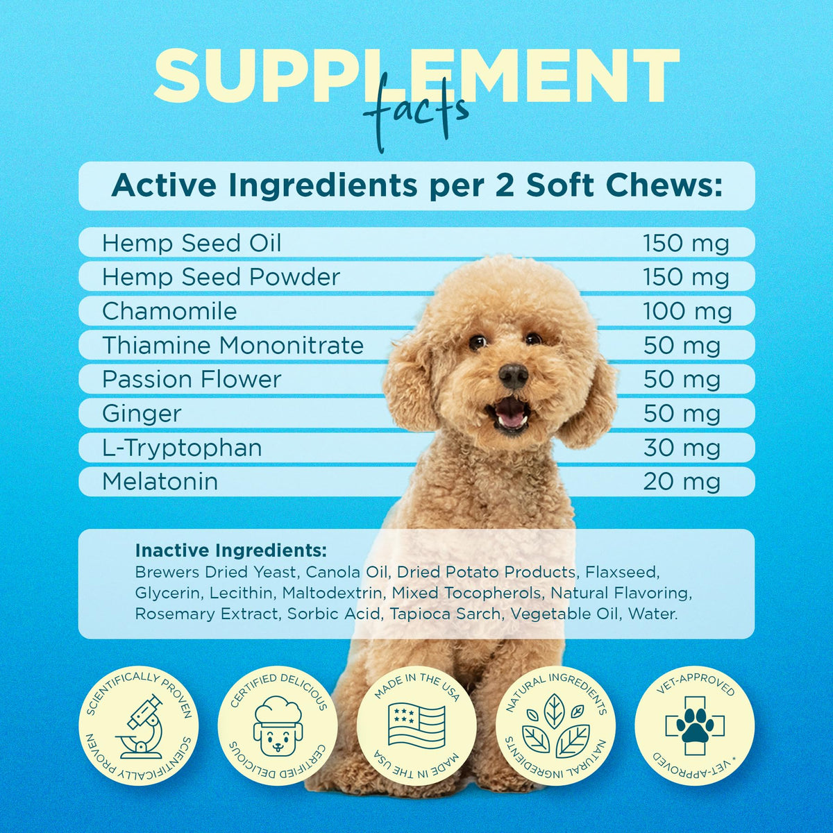 Hemp Calming Chews for Dogs with Chamomile 60 Bacon Treats L7898