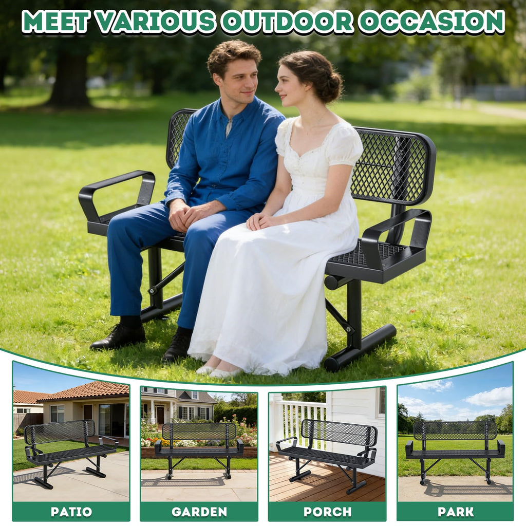 4FT Black Metal Garden Bench with Backrest H570395