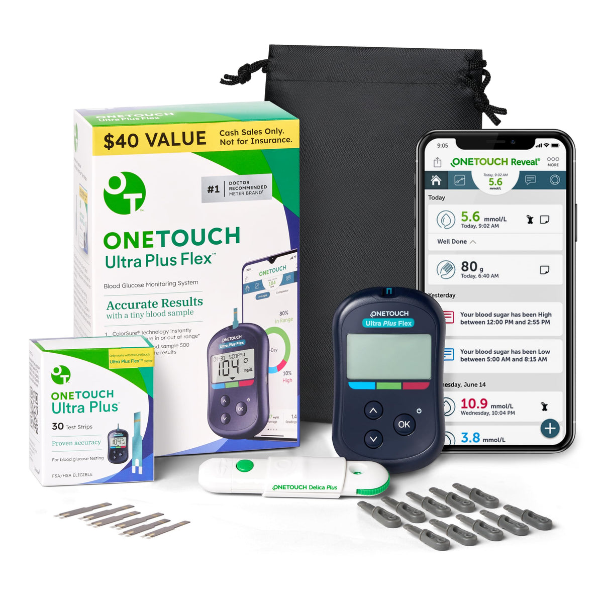 Blood Glucose Test Kit with Meter, Strips, Lancets, Pouch S5297
