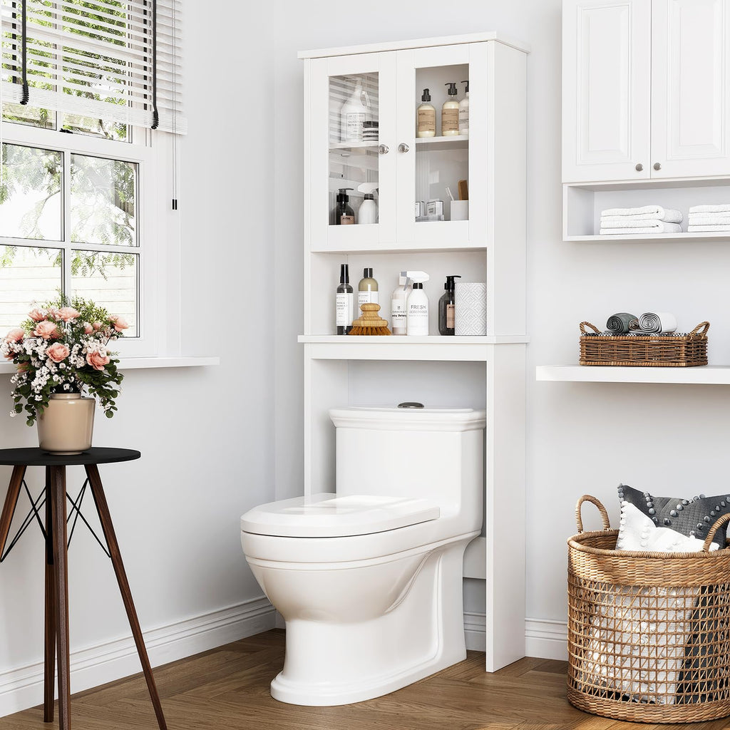 Over The Toilet Storage Cabinet with Tempered Glass Doors P372